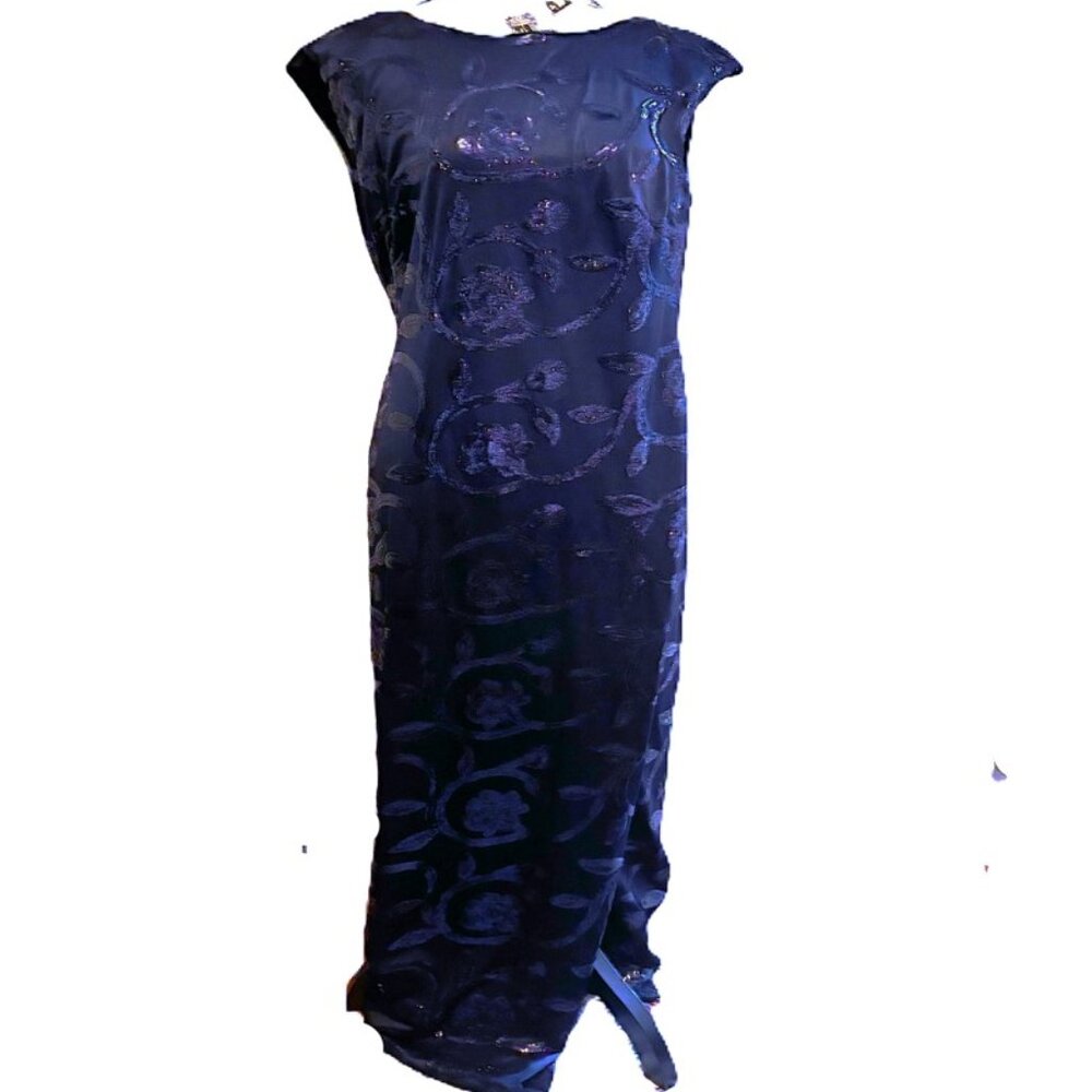 Ralph Lauren Navy Sequin Sleeveless Evening Dress with Slit (Size 14) - NWOT